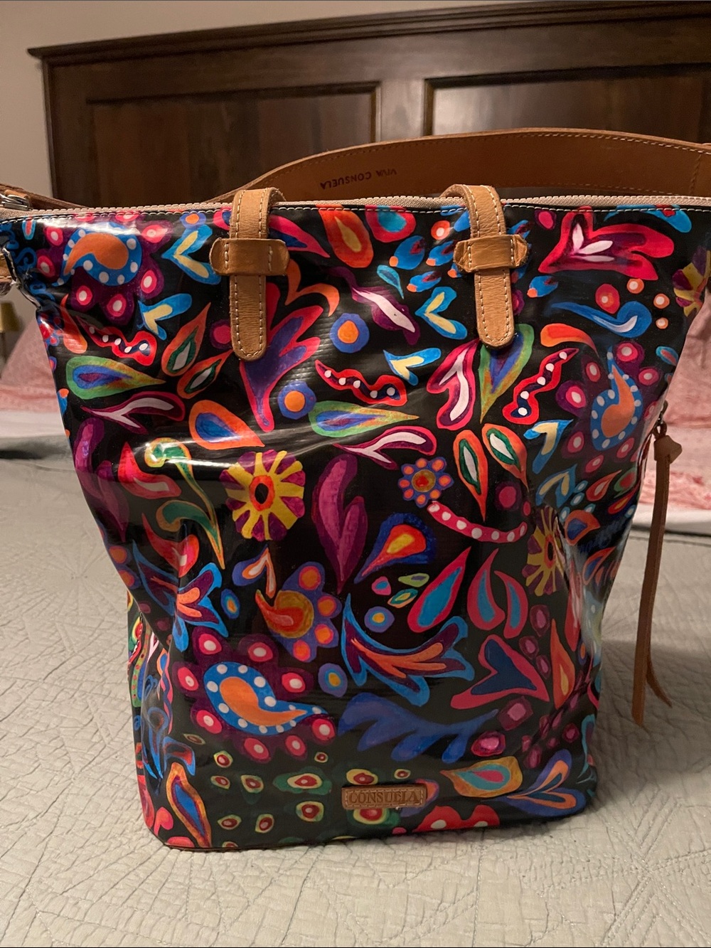 Consuela Sophie Sling •Black Multicolor Floral Coated Canvas Tote w Tan Trim•